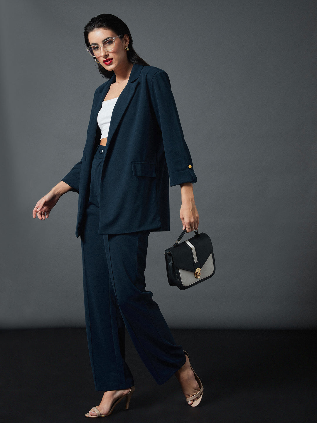 Women Airforce Blue Front Darted Stretchable Pants