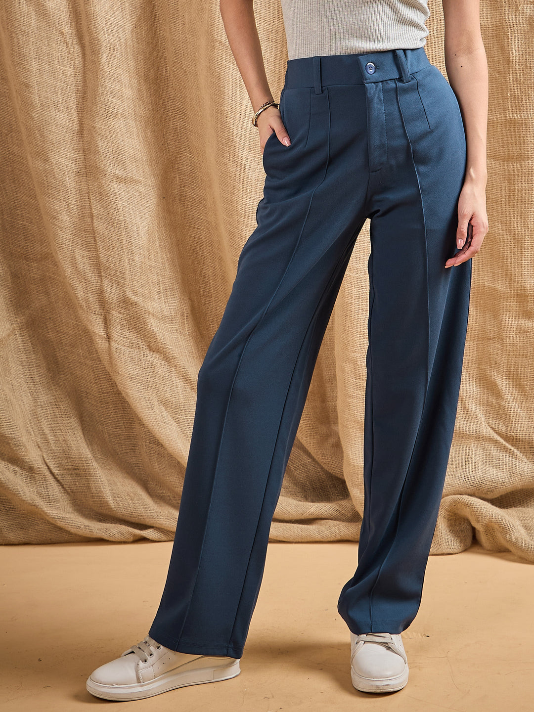 Women Airforce Blue Front Darted Stretchable Pants