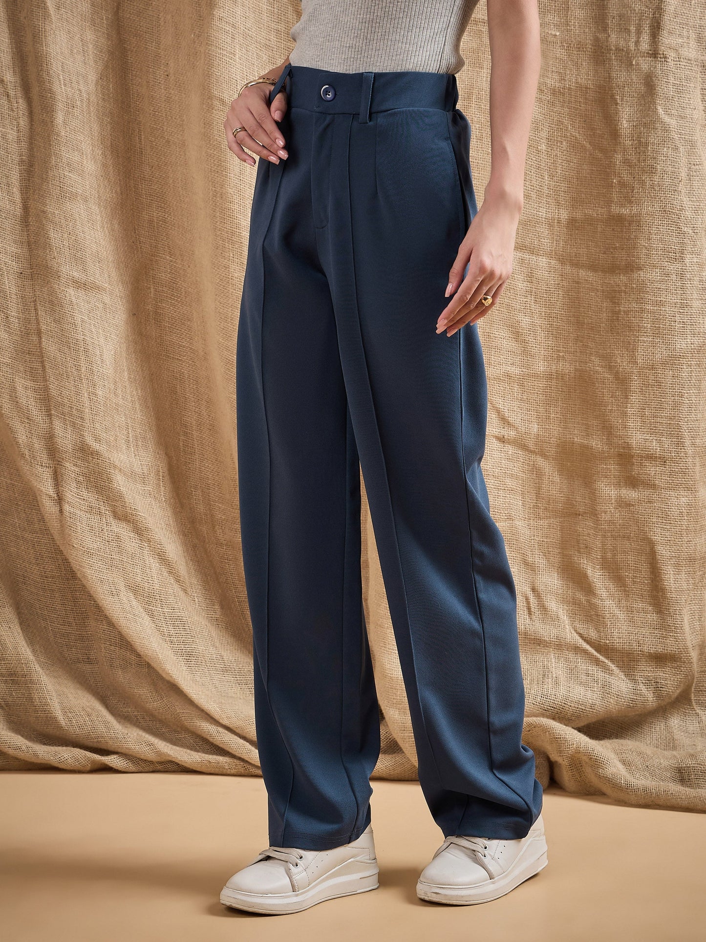 Women Airforce Blue Front Darted Stretchable Pants