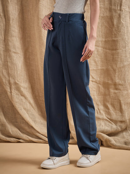 Women Airforce Blue Front Darted Stretchable Pants