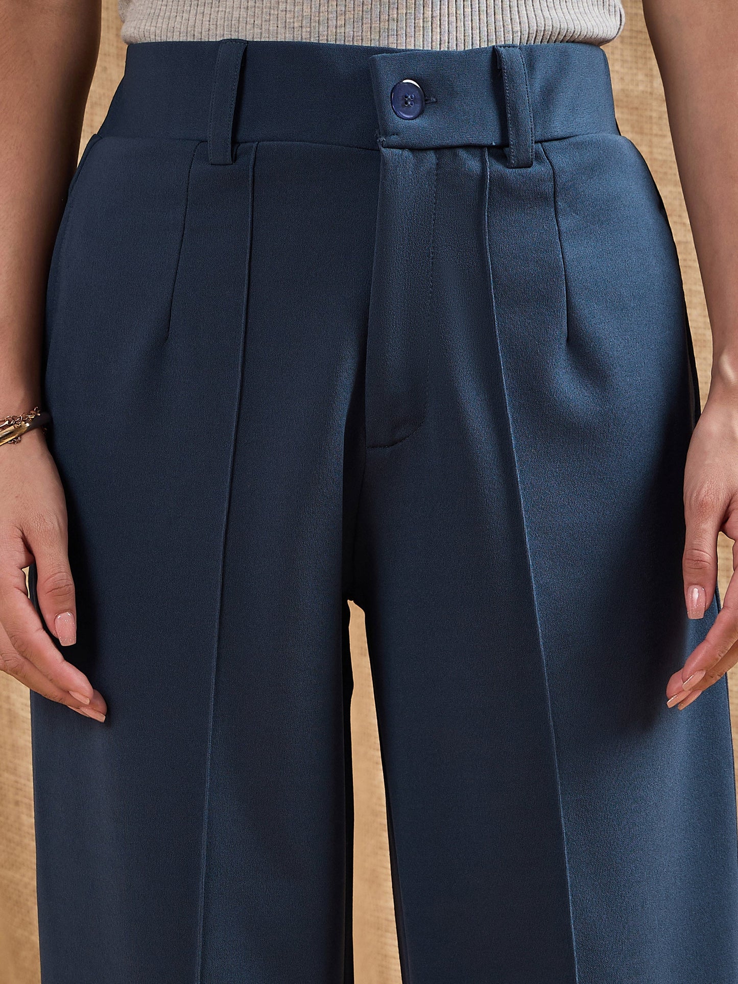 Women Airforce Blue Front Darted Stretchable Pants