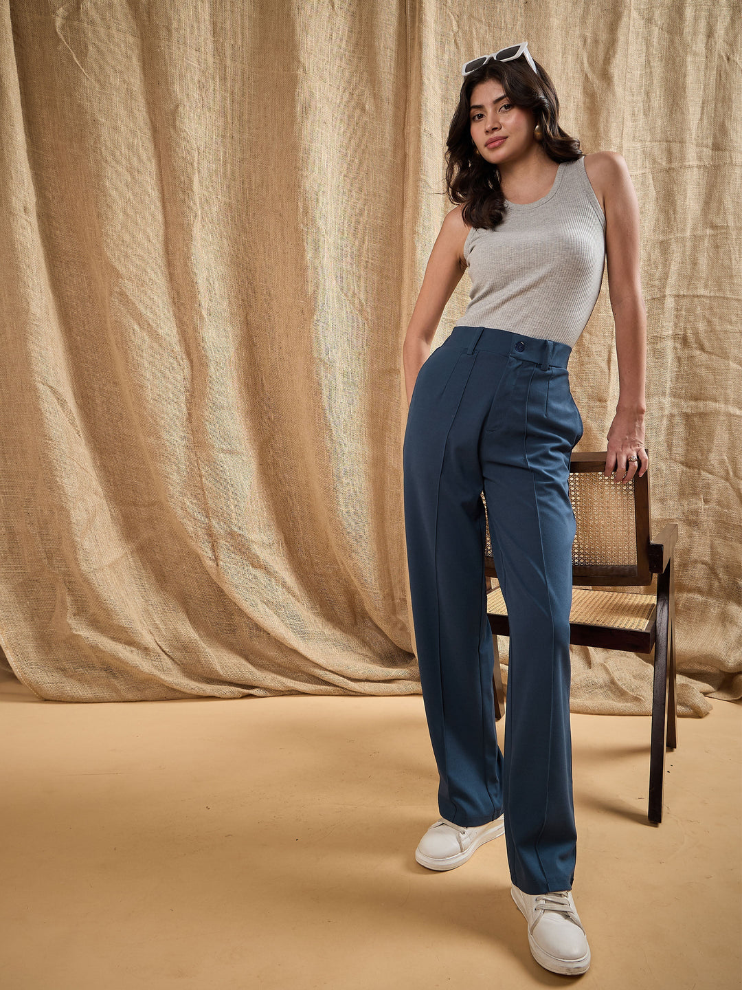 Women Airforce Blue Front Darted Stretchable Pants