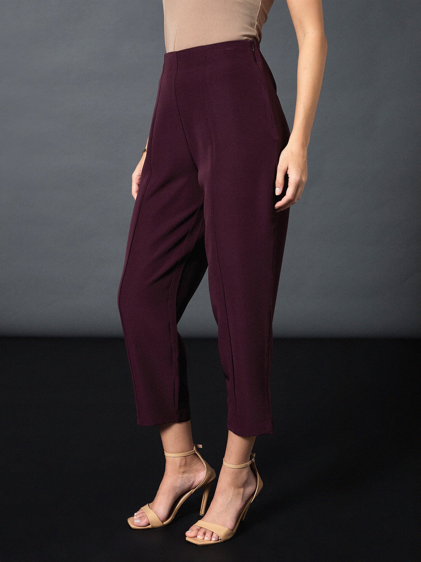Maroon Front Darted Balloon Fit Pants