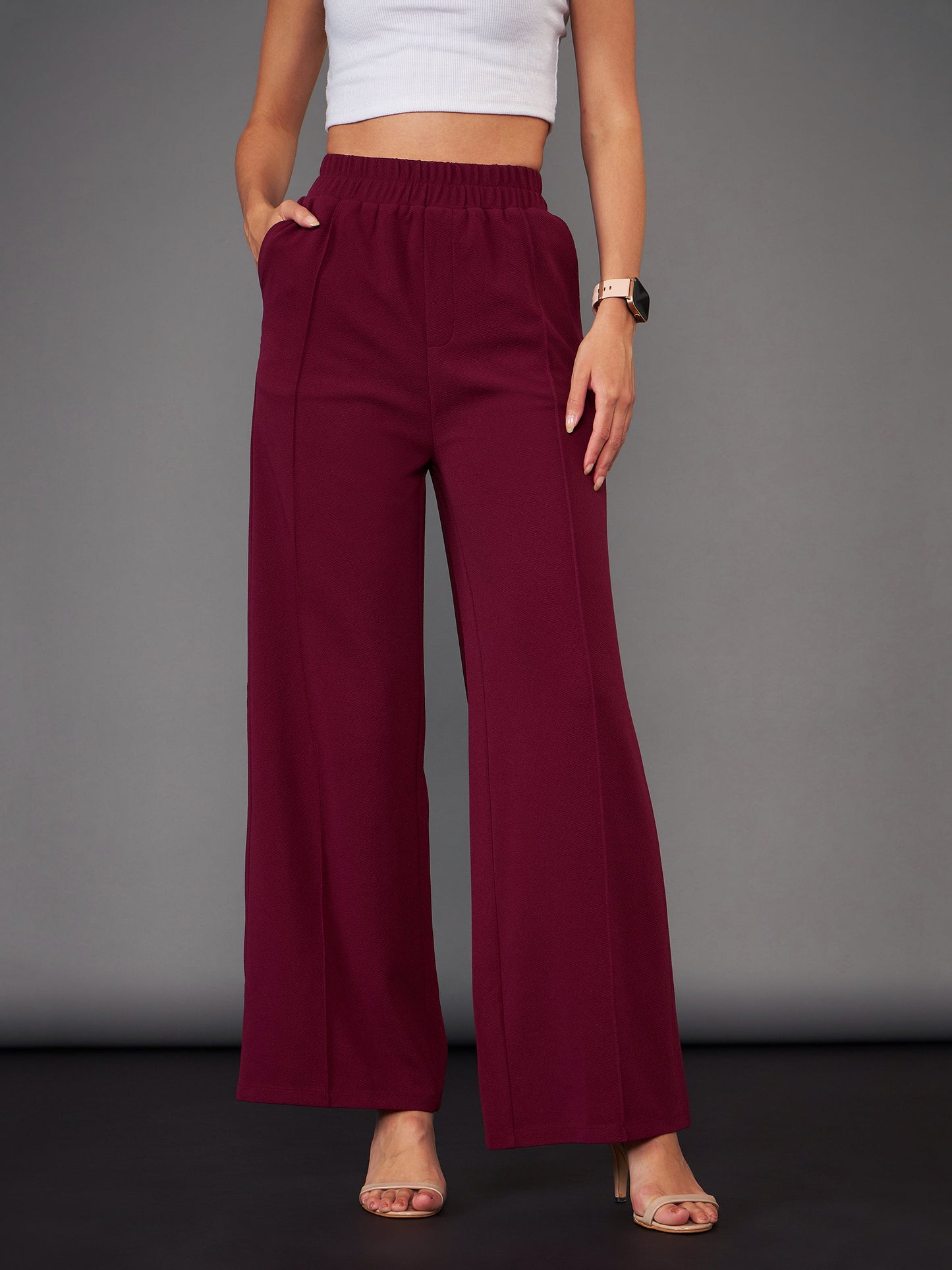 Burgundy Front Darted Palazzo Pants