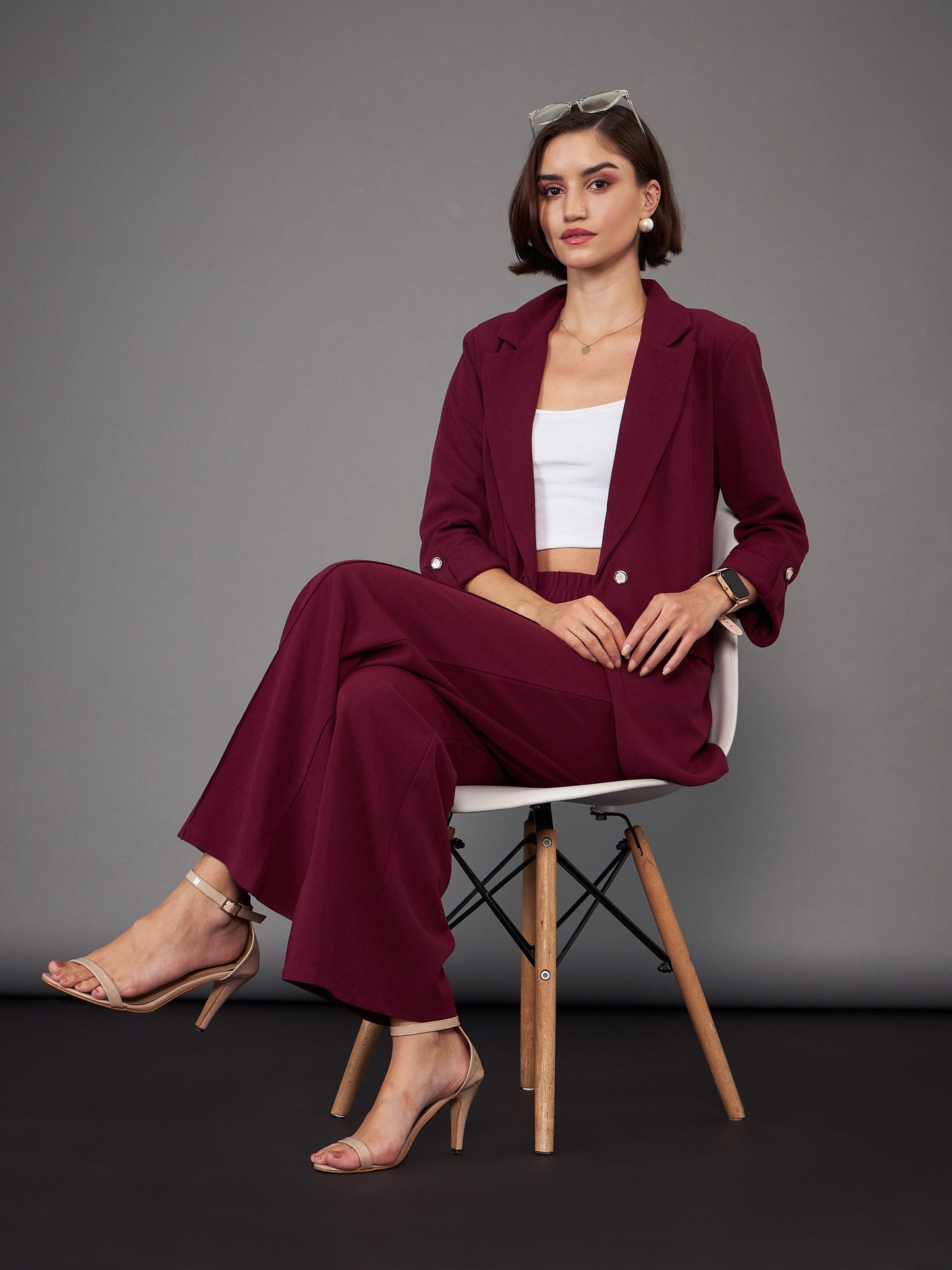 Burgundy Front Darted Palazzo Pants