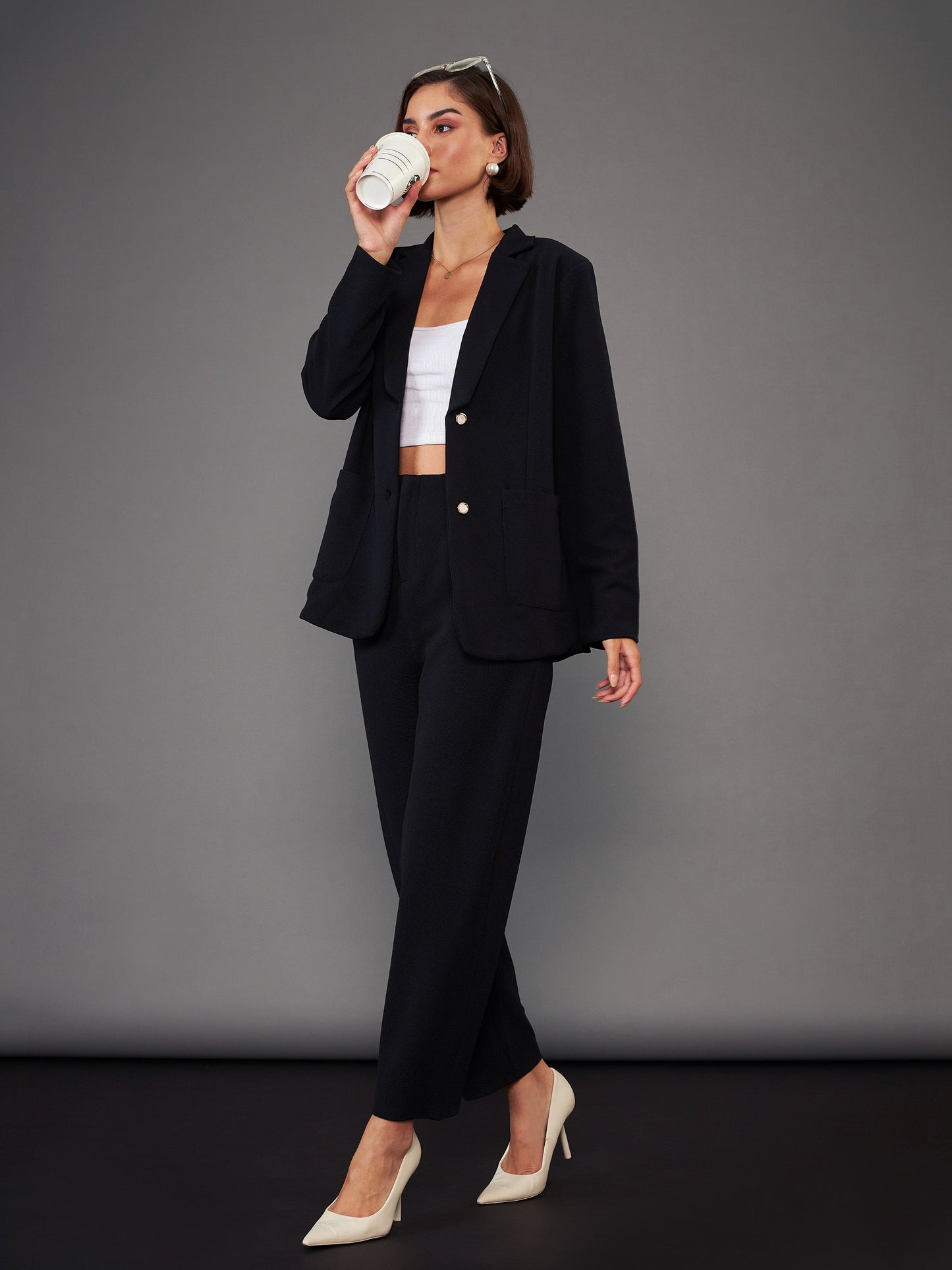 Black Front Pleated Tapered Pants
