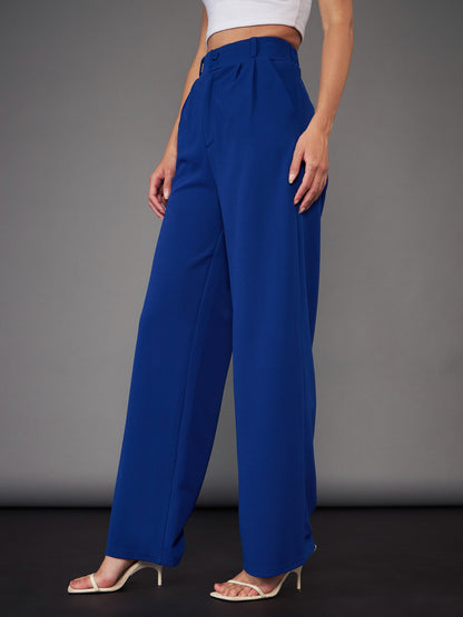 Women Royal Blue Pleated Straight Pants