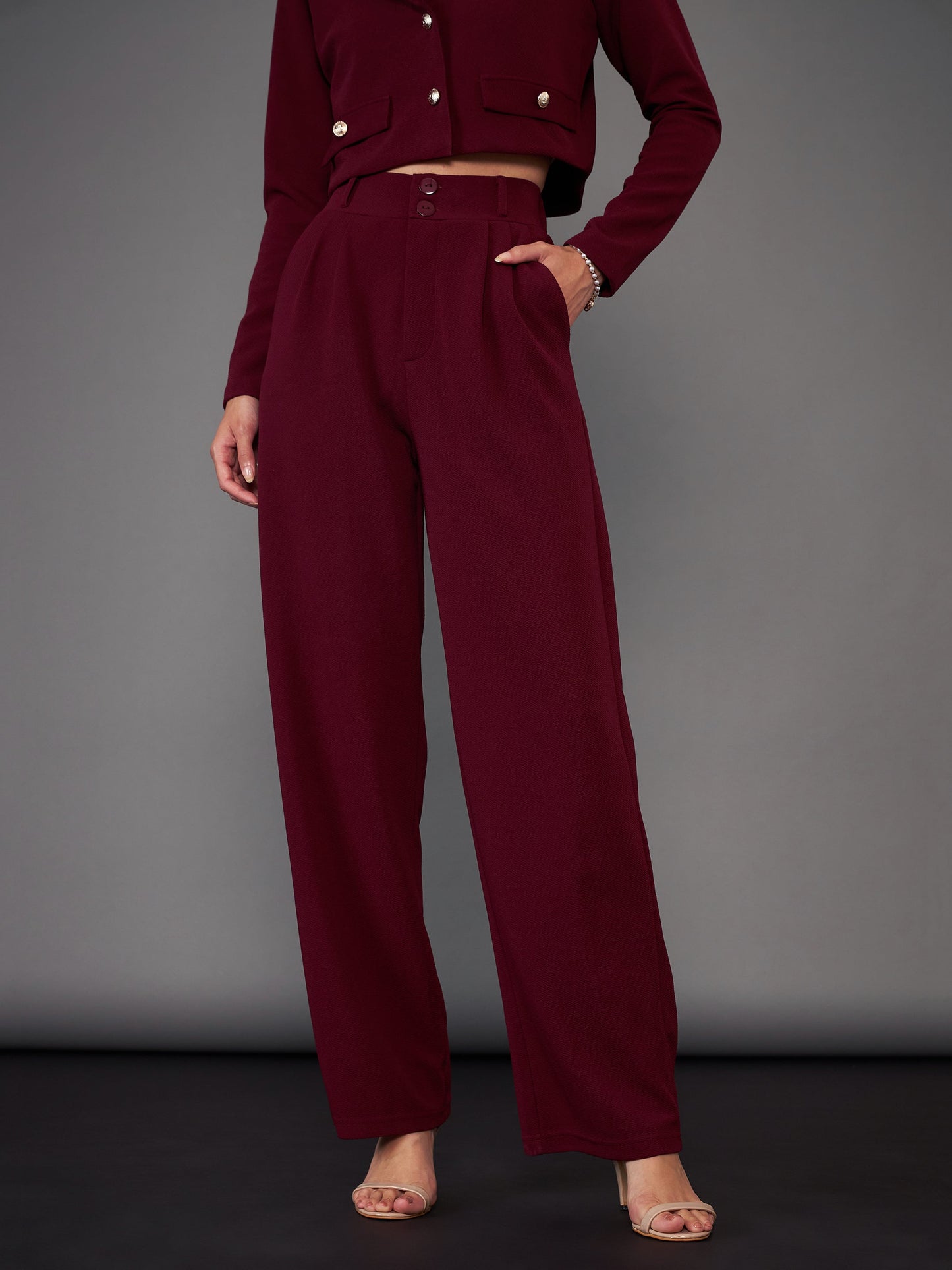 Women Burgundy Pleated Straight Pants
