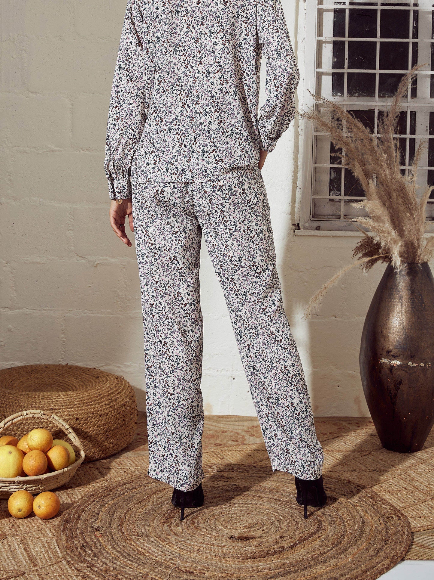 Cream Ditsy Floral Straight Pants