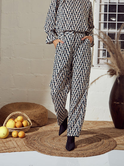 Beige Abstract Straight Pants