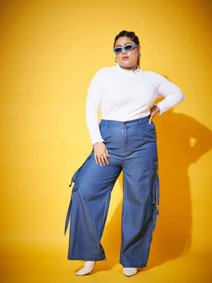 Plus size women's Blue Tencel Blue Washed Tencel Pocket Cargo Pants by Sassafras Curve for wholesale buyers, boutiques, resellers and bulk orders
