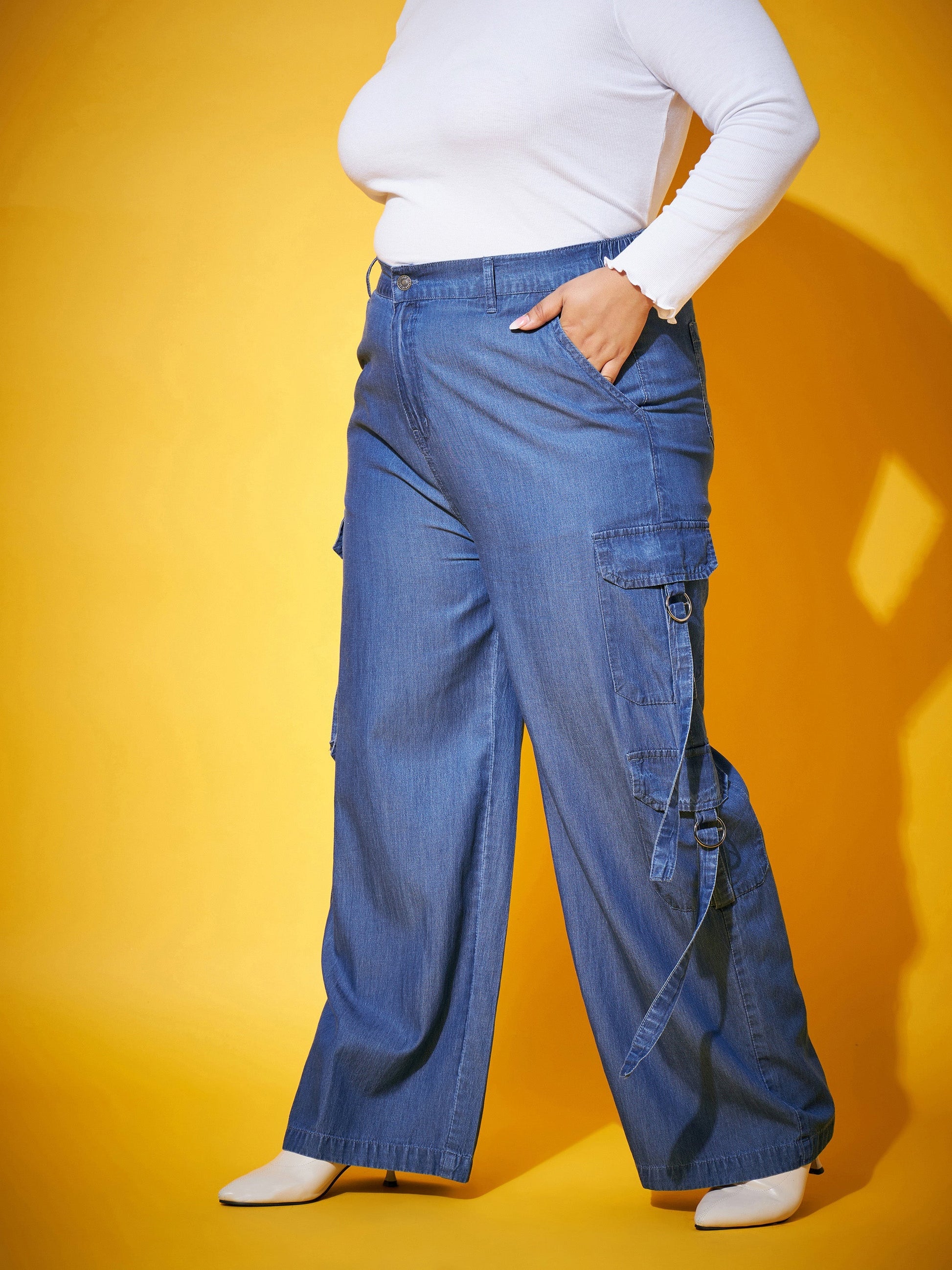 Blue Washed Tencel Pocket Cargo Pants-SASSAFRAS Curve