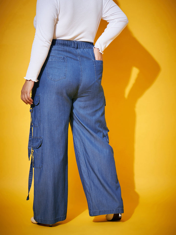 Blue Washed Tencel Pocket Cargo Pants-SASSAFRAS Curve