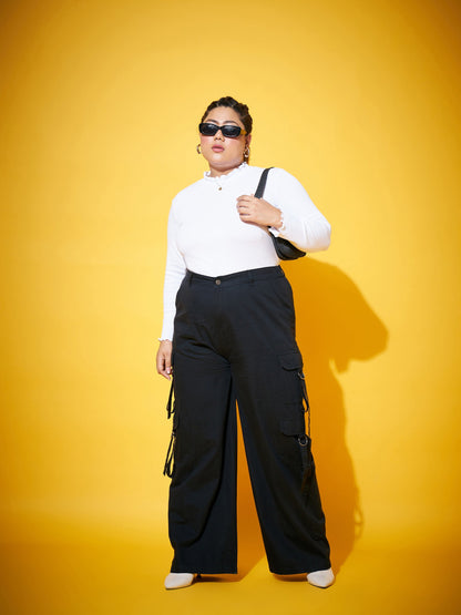 Plus size women's Black Tencel Black Washed Tencel Pocket Cargo Pants by Sassafras Curve for wholesale buyers, boutiques, resellers and bulk orders