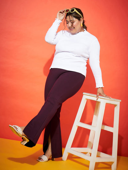 Burgundy Front Slit Hem Bell Bottom Trousers