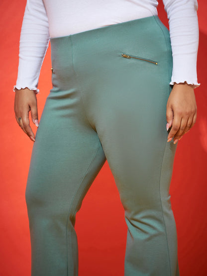 Sea Green Zipper Bell Bottom Trousers