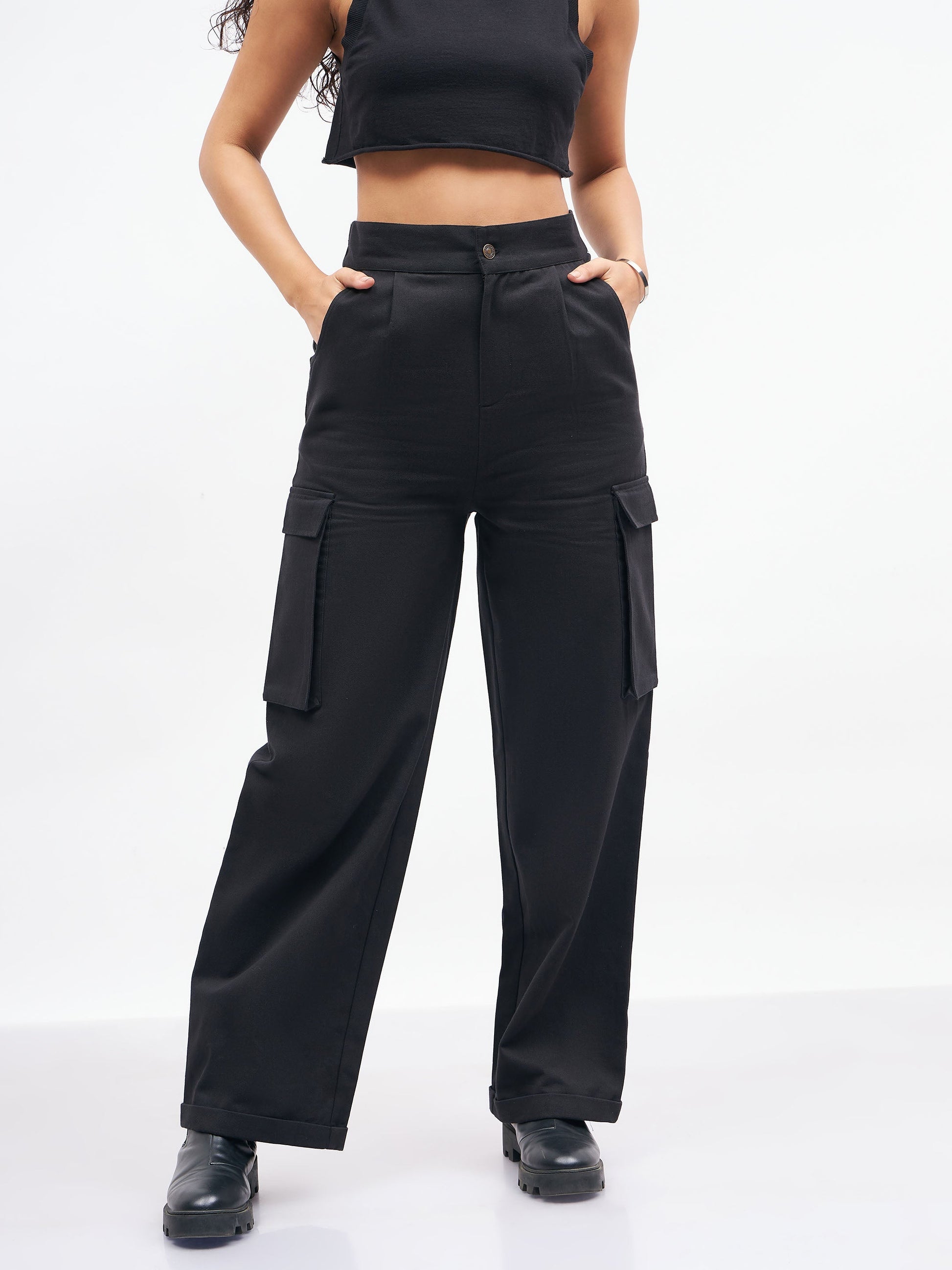 Women's Women Black Box Pockets Straight Pants in Cotton by Sassafras for wholesale, bulk, supplier, manufacturer and wholesaler buyers from Trendphoria