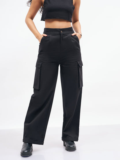 Women's Women Black Box Pockets Straight Pants in Cotton by Sassafras for wholesale, bulk, supplier, manufacturer and wholesaler buyers from Trendphoria