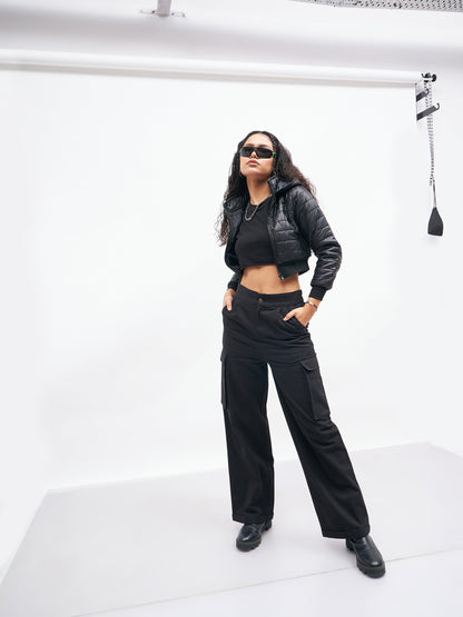 Women Black Box Pockets Straight Pants