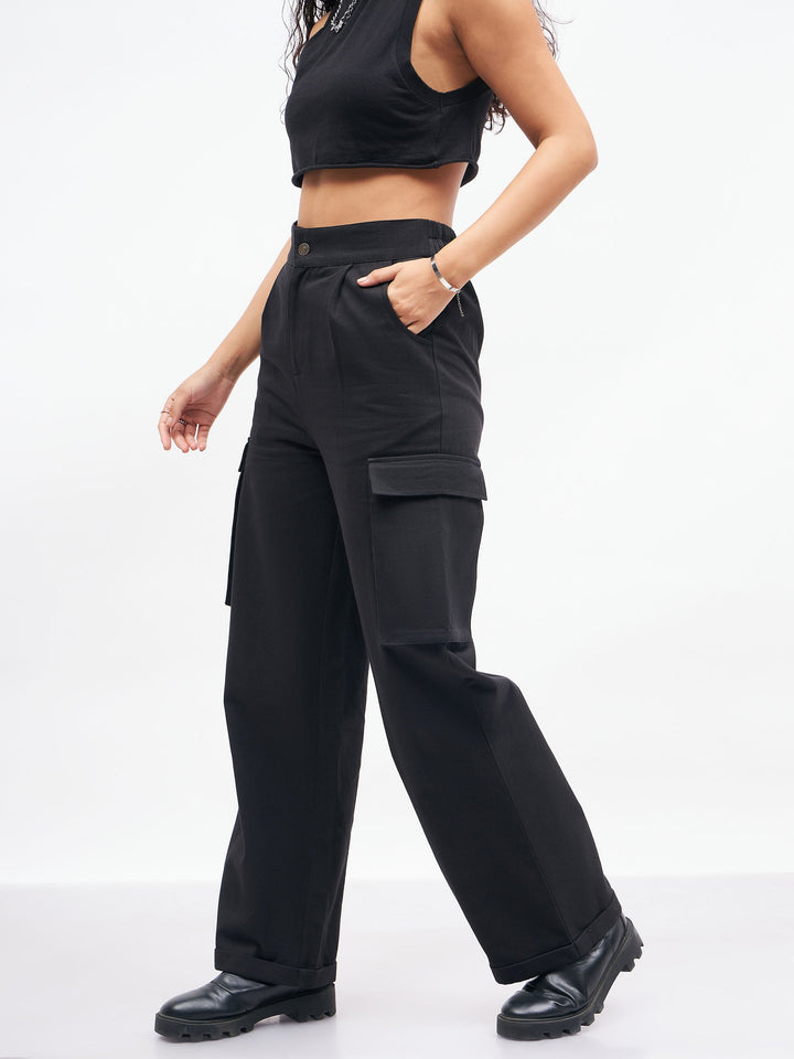 Women Black Box Pockets Straight Pants