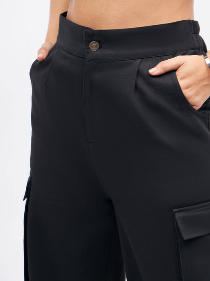 Women Black Box Pockets Straight Pants