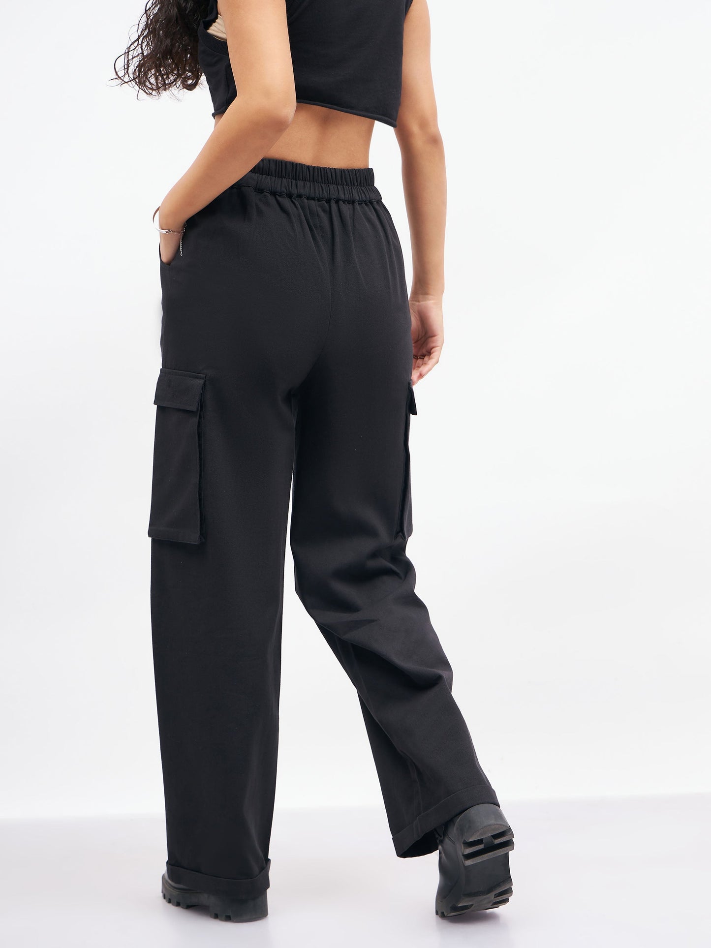 Women Black Box Pockets Straight Pants
