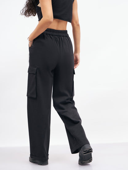 Women Black Box Pockets Straight Pants