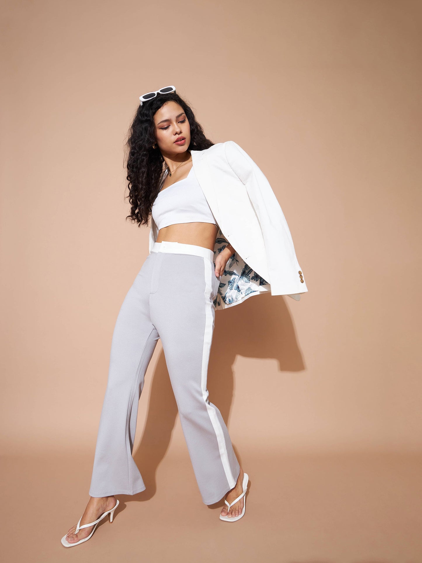 Grey And White Colour Block Pants
