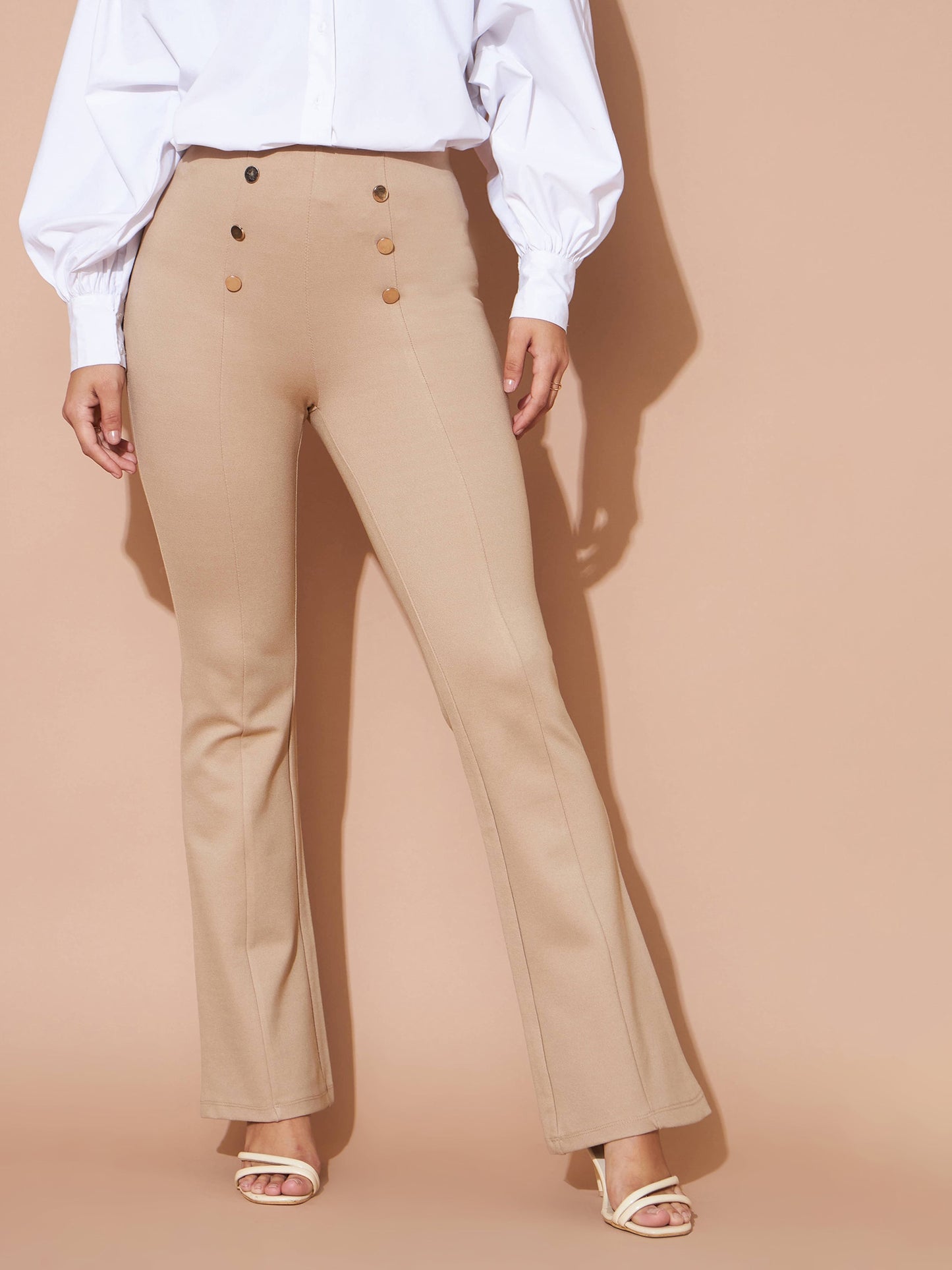 Beige High Waist Gold Show Buttons Pants