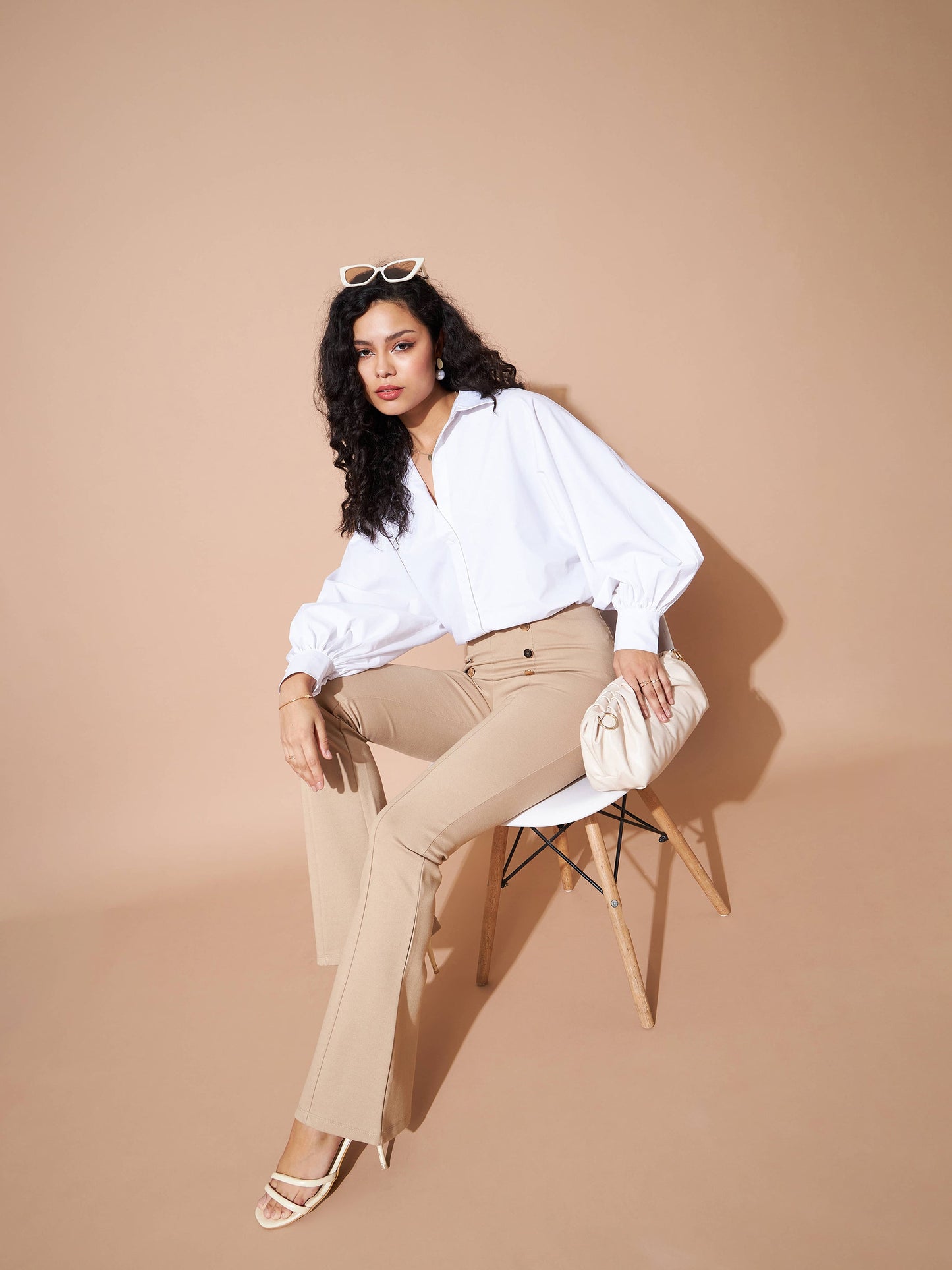 Beige High Waist Gold Show Buttons Pants