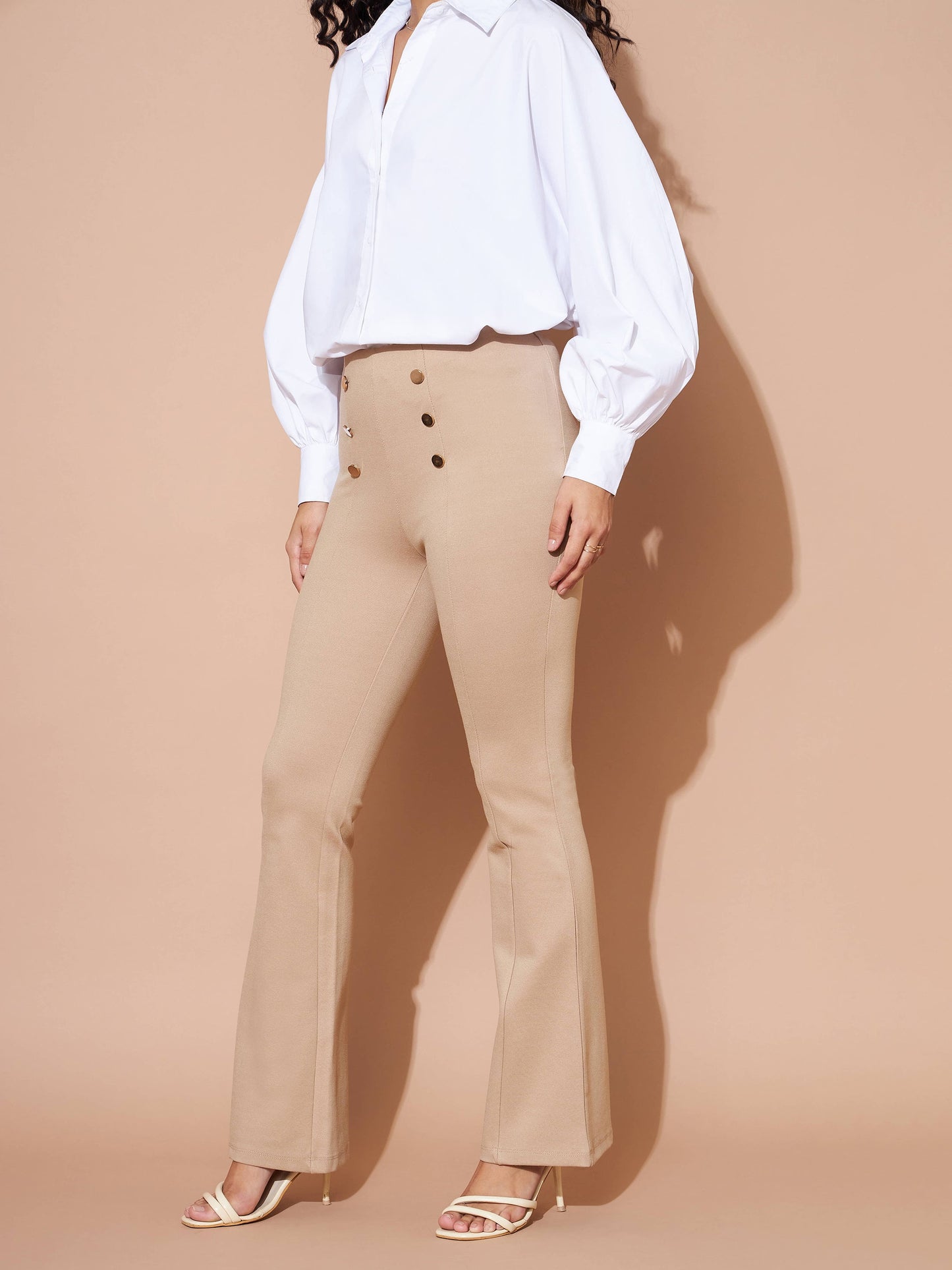 Beige High Waist Gold Show Buttons Pants