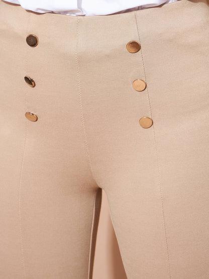 Beige High Waist Gold Show Buttons Pants