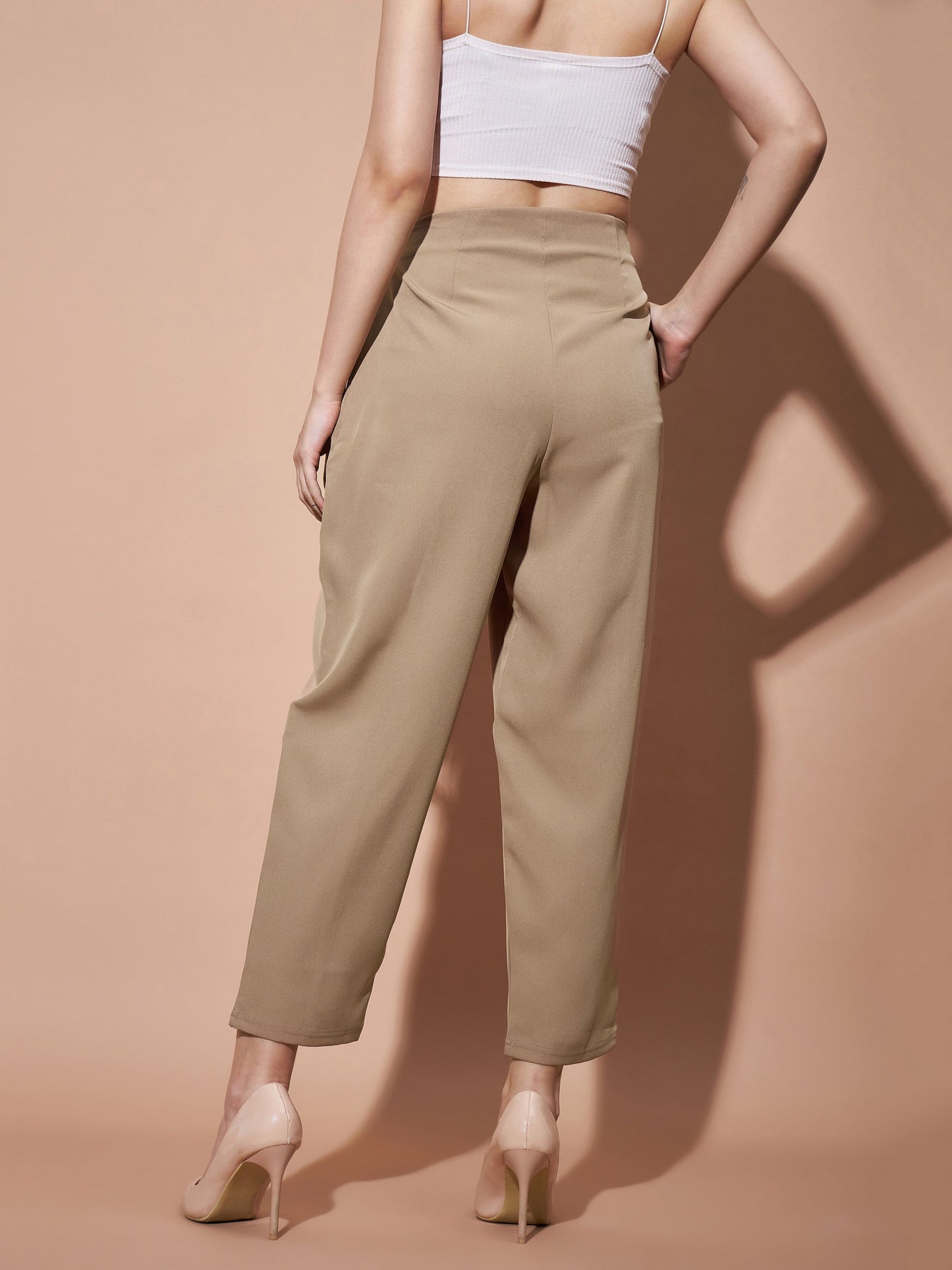 Beige Front Darted Balloon Fit Pants
