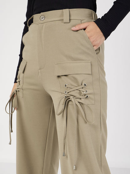 Women Beige Cris Cross Pocket Detail Cargo Pants
