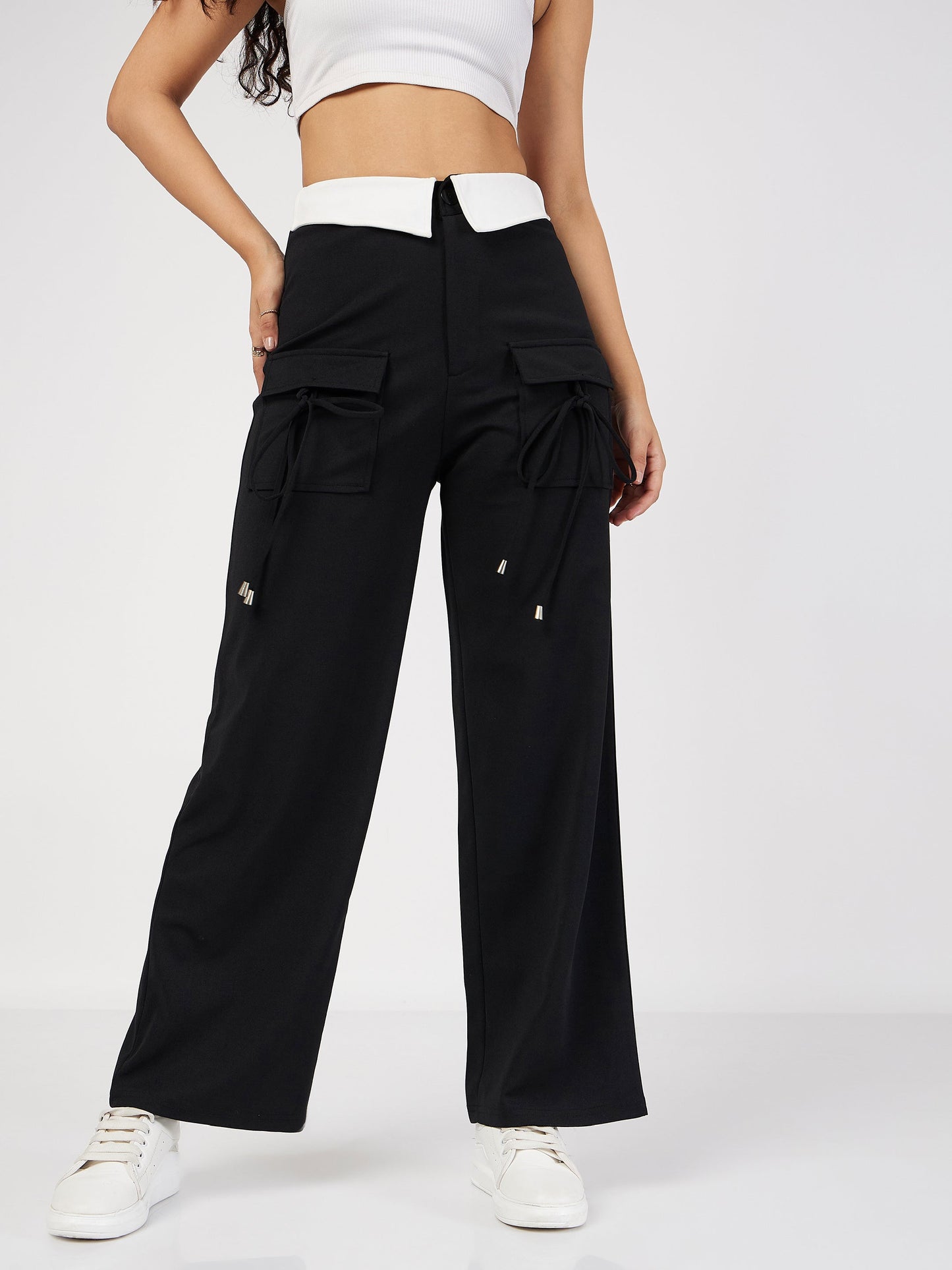 Black Contrast Waistband Cargo Pants