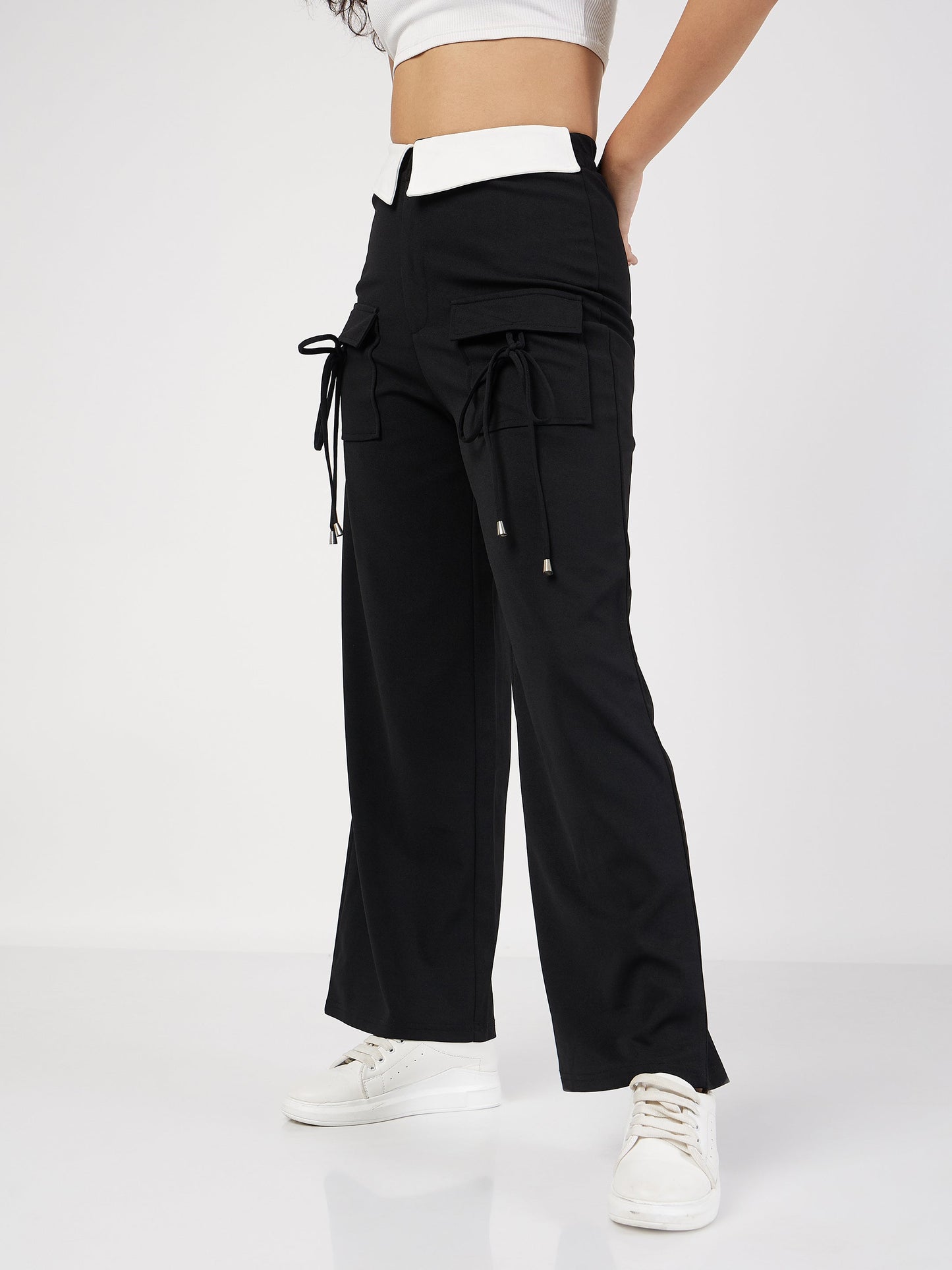 Black Contrast Waistband Cargo Pants
