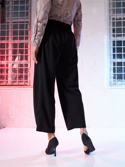 Women Black Button Hem Darted Balloon Pants