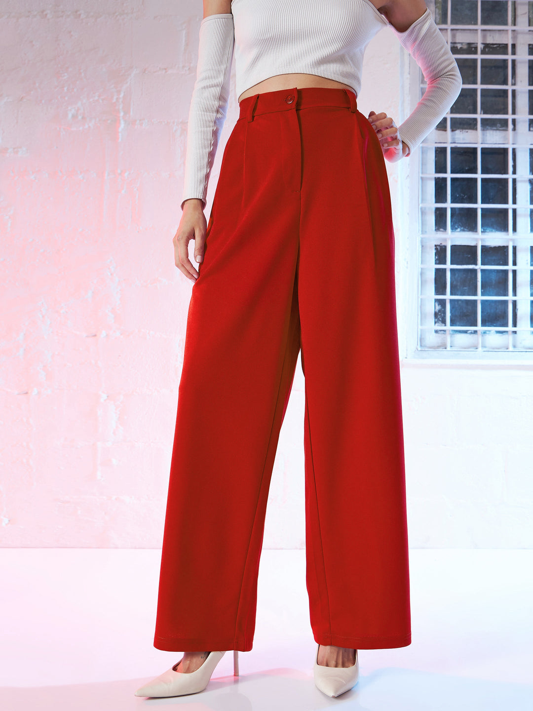 Women's Women Red Korean Pleated Loose Fit Pants in Polyester by Sassafras for wholesale, bulk, supplier, manufacturer and wholesaler buyers from Trendphoria