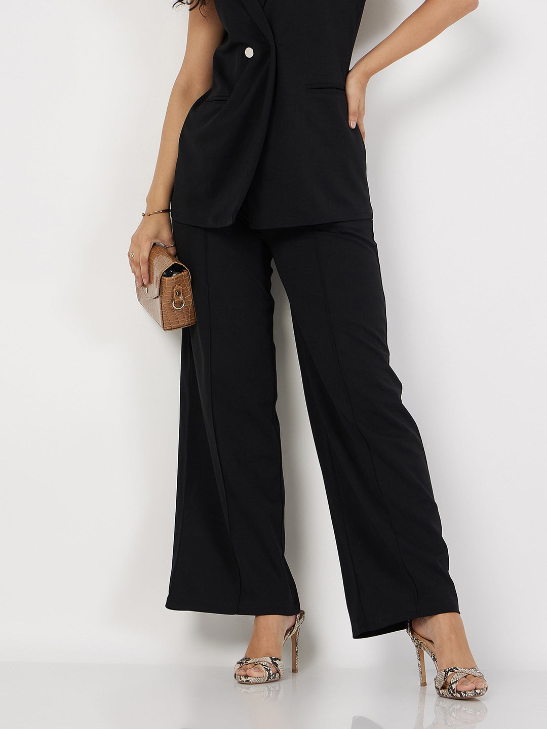 Women's Women Black Front Dart Palazzo Pants in Polyester by Sassafras for wholesale, bulk, supplier, manufacturer and wholesaler buyers from Trendphoria
