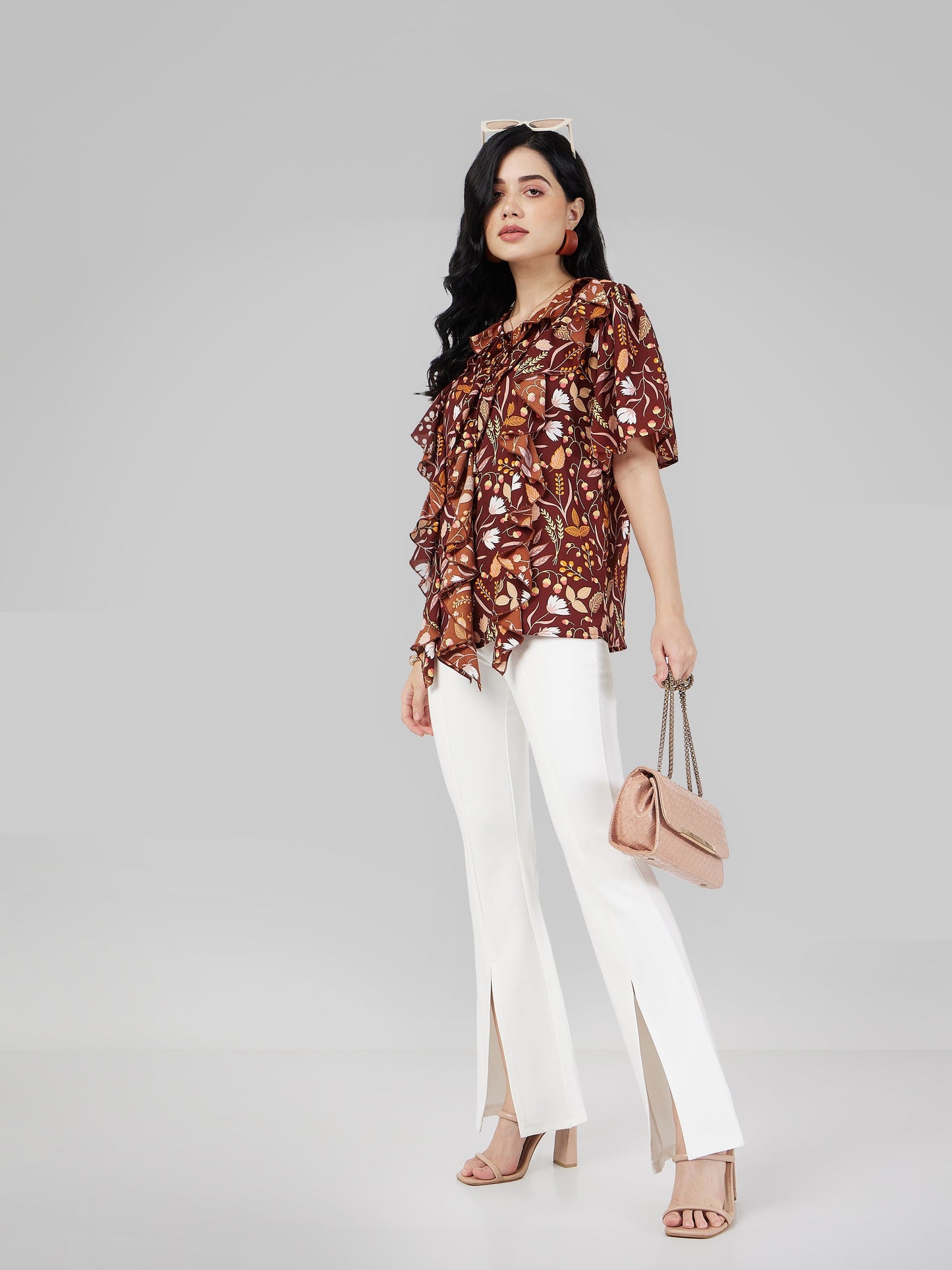 Women White Roma Front Slit Bell Bottom Pants