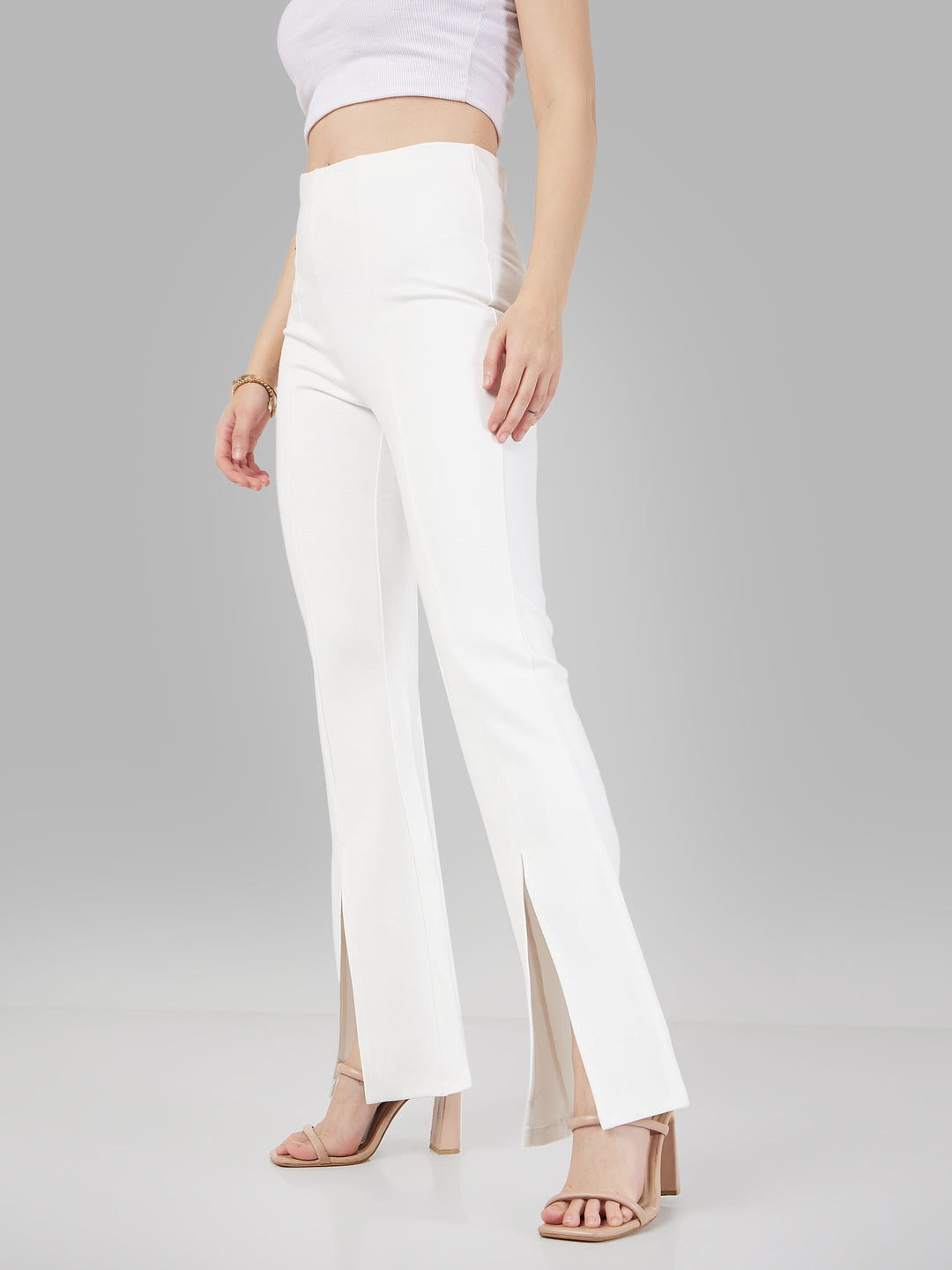 Women White Roma Front Slit Bell Bottom Pants