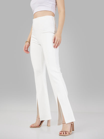 Women White Roma Front Slit Bell Bottom Pants