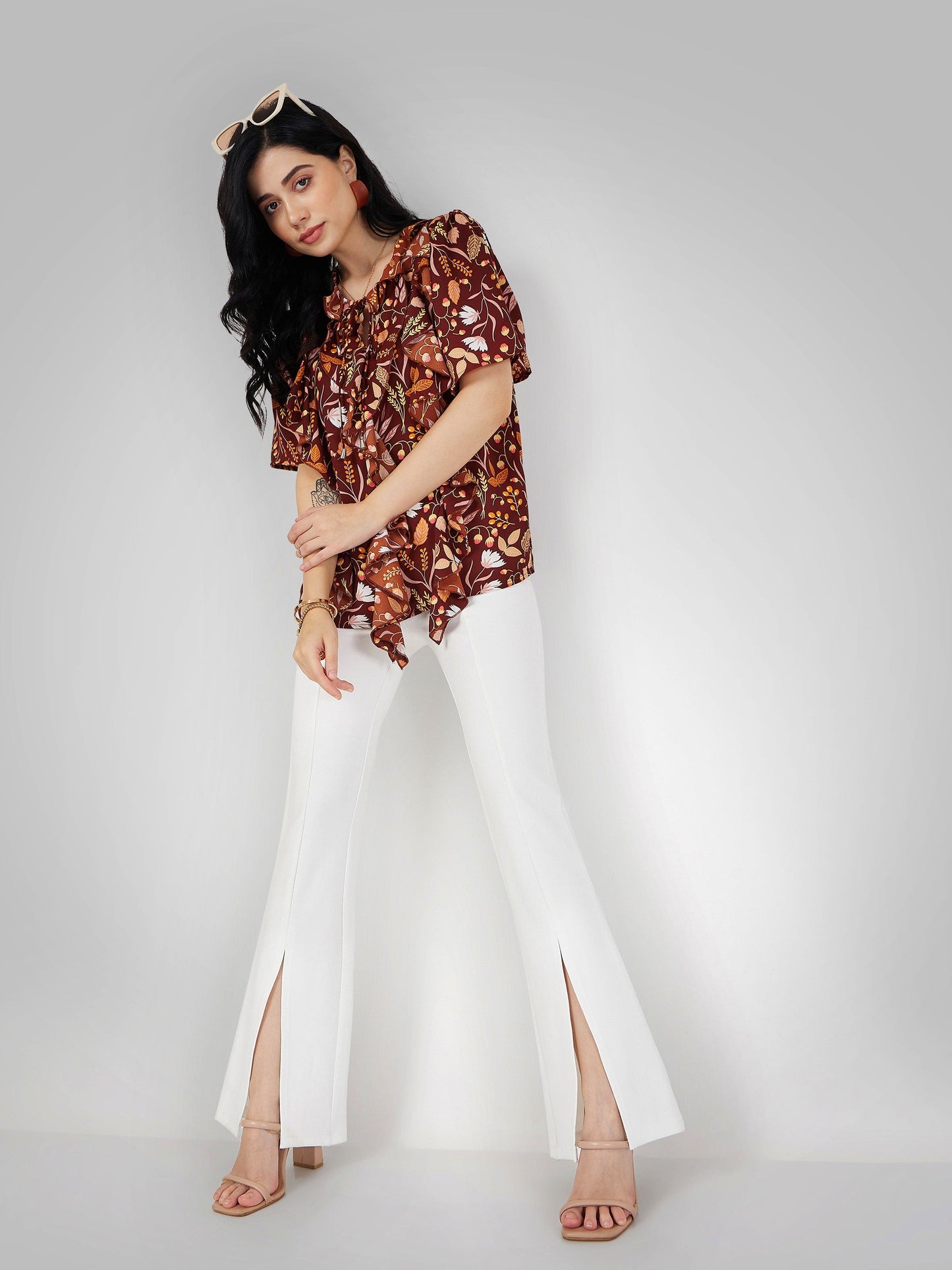 Women White Roma Front Slit Bell Bottom Pants