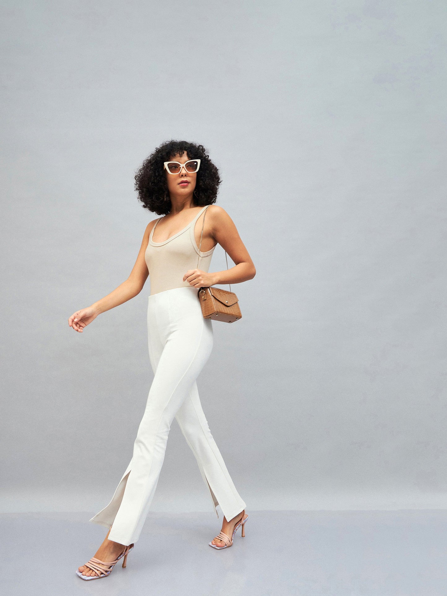 Women White Roma Front Slit Bell Bottom Pants