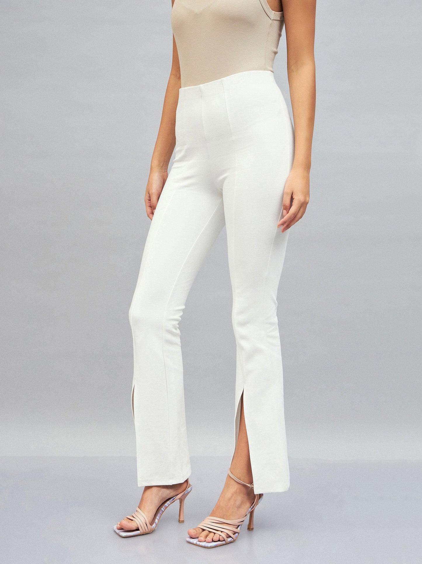 Women White Roma Front Slit Bell Bottom Pants