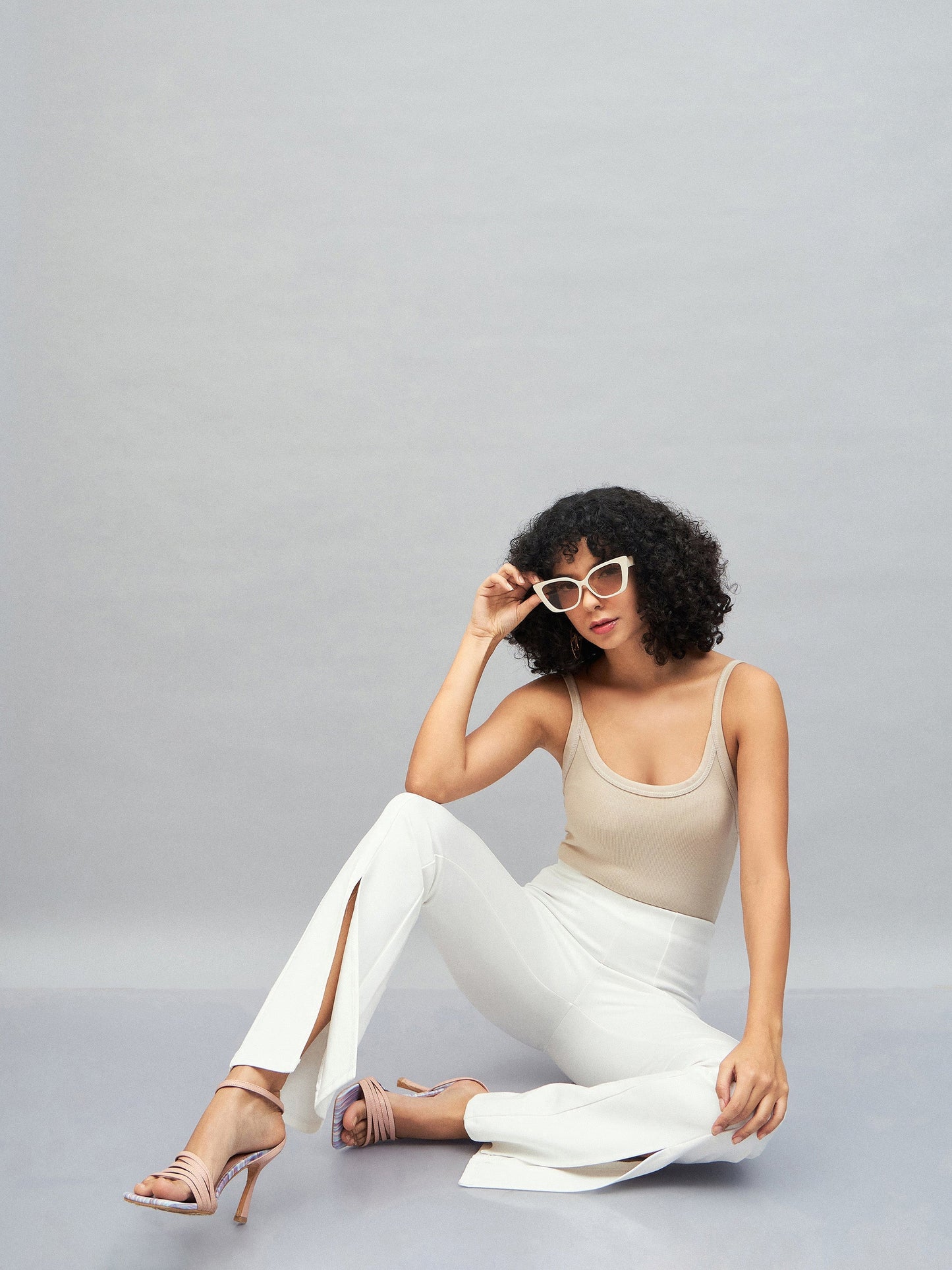 Women White Roma Front Slit Bell Bottom Pants