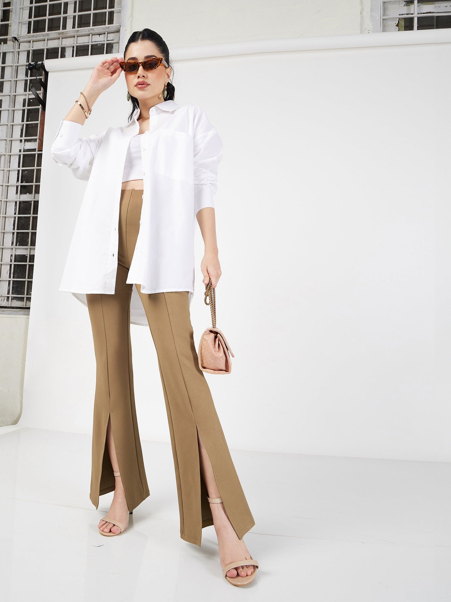 Women Beige Roma Front Slit Bell Bottom Pants