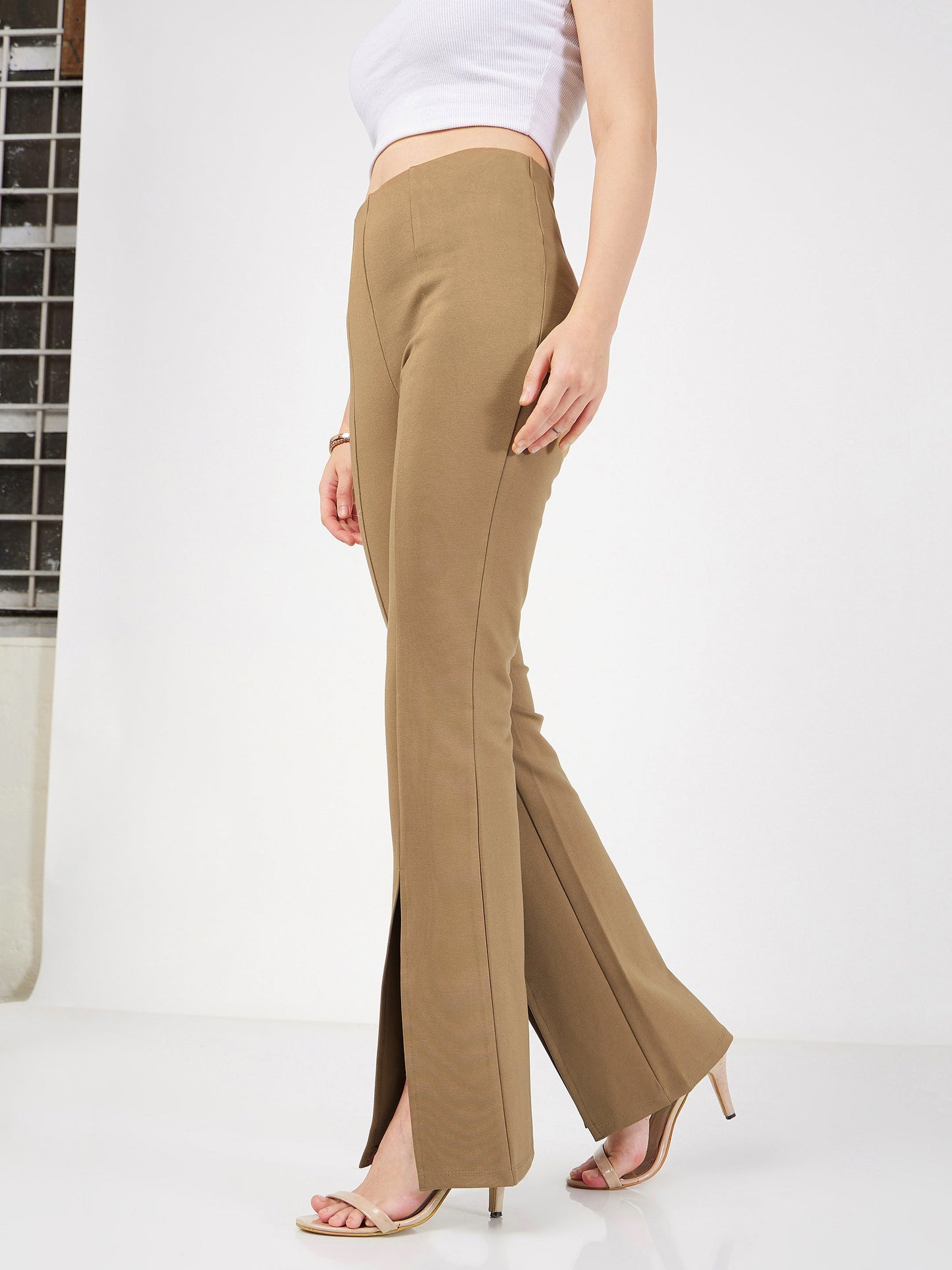 Women Beige Roma Front Slit Bell Bottom Pants
