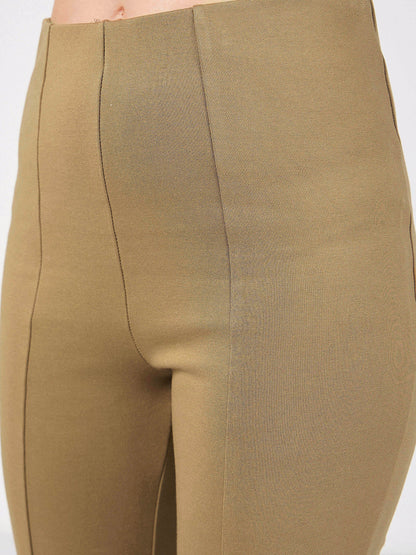 Women Beige Roma Front Slit Bell Bottom Pants