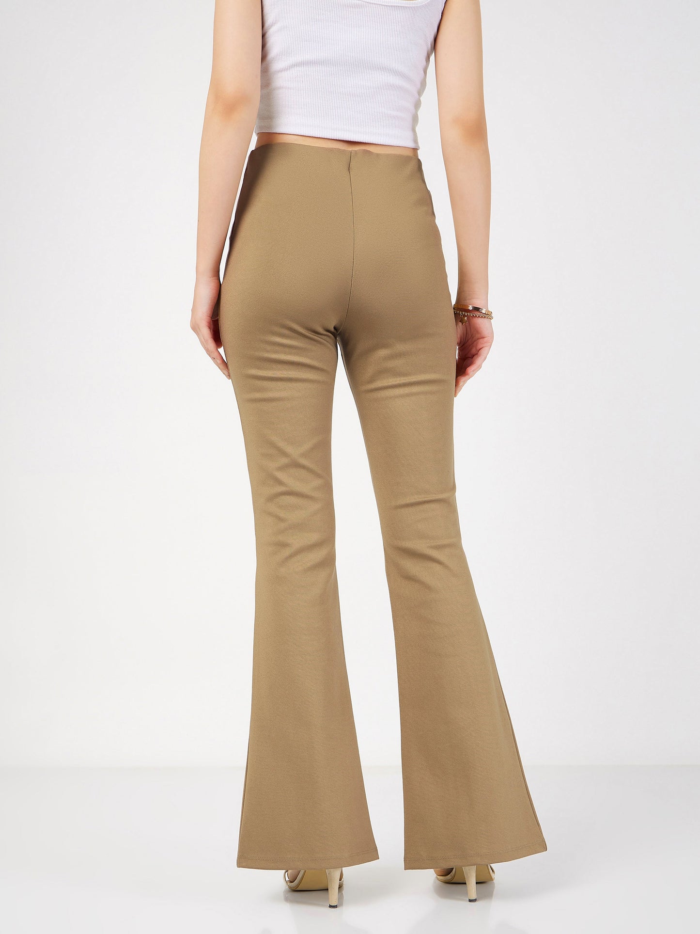 Women Beige Roma Front Slit Bell Bottom Pants